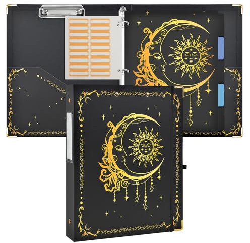 3-Ring Binder Ringbuch mit Klemmbrett, Ringordner mit Ordner Trennblätter Tabs, Schnellhefter A4 für Schulsachen Bürobedarf, Ordner A4 Breit Binder (Schwarz und Gold Sonne und Mond)