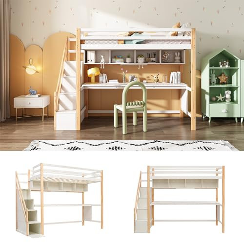 RCBDBSM 90 x 200cm Kinderbett, Etagenbett mit Stauraumtreppe, Spielbett Kinderbett Jugendbett Hausbett mit großen Schreibtisch und Regalen, für Jungen & Mädchen - Natur & Weiß