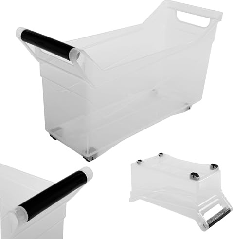 KADAX Aufbewahrungsbox 17L 48x18x26cm Transparent mit Rollen & Griffen, stapelbar | schmale Rollbox für Schrank, Regal, Werkstatt, Bürobedarf, Wäsche | offen, Plastik Made in EU