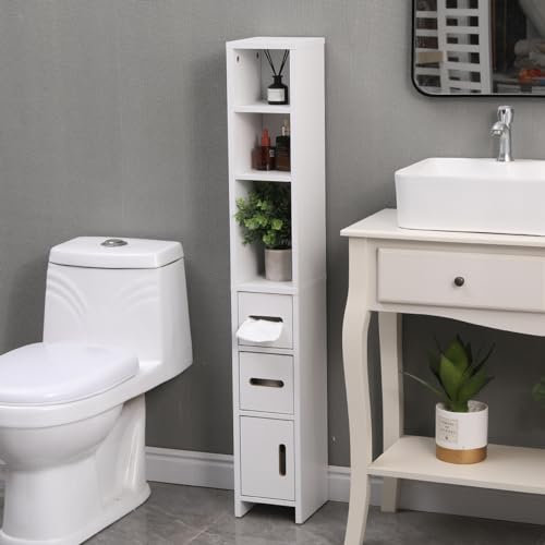 Menaka Tall Slim Bathroom Cabinet, Corner Wood Tallboy Cupboard Unit Storage Cabinet Floor Standing with Door and Shelves (120cm white)