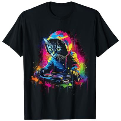 Katze DJ mit Kopfhörer und Sonnenbrille Disco Katzen T-Shirt
