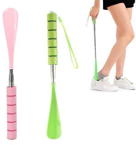 YanBous 2 Pièces Chausse Pied Long Manche Telescopique Extensible Grand Plastique Chaussé Pieds Pour Hommes Femmes Enfant Seniors（vert 、Rose）