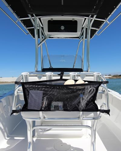 PLOZANO Boat Storage Bag with 3 Divisions, Adjustable Organizer, Mesh Tackle & Life Jacket Holder, Suspended Net for Leaning Post (32 INCH)