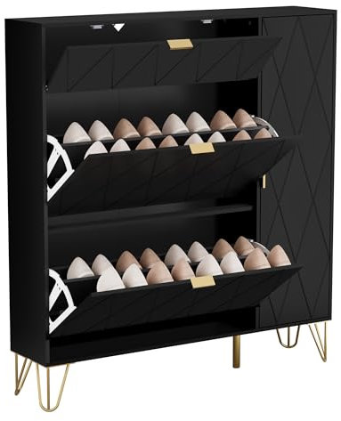 UEV Scarpiera Salvaspazio da Ingresso, 110 x 24 x 120 cm, Porta Scarpe con 3 Ante a Ribalta, 2 Scomparti per Riporre Gli Stivali Lunghi, Scarpiere Moderne in Legno, Grande, Nero