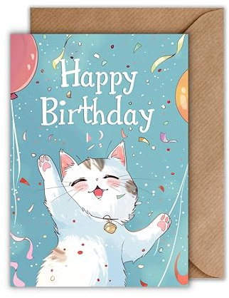 WBdesignz Anime Geburtstag Karte mit Umschlag - Süße Geburtstagskarte “Happy Birthday” Festliche Glückwunschkarte Niedliche Neko Geschenkkarte zum Geburtstag Happy Birthday Karte (DIN A6)