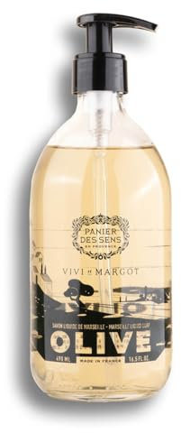 Panier des Sens - Olive Marseille Flüssigseife - Im Glas - Flüssige feuchtigkeitsspendende Handseife - Olivenöl, Arganöl & Kokosnussöl - 98% natürliche Inhaltsstoffe - französische Handseife - 490ml