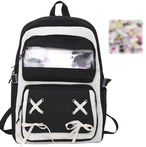 Boyigog Niedliche Cartoon Charaktere 3D Schultasche für Mädchen mit Cartoon-Schlüsselanhänger und 51 Cartoon Muster Aufkleber, Lovely Cartoon Student Schulranzen für Kinder Teens (Black-Pink)