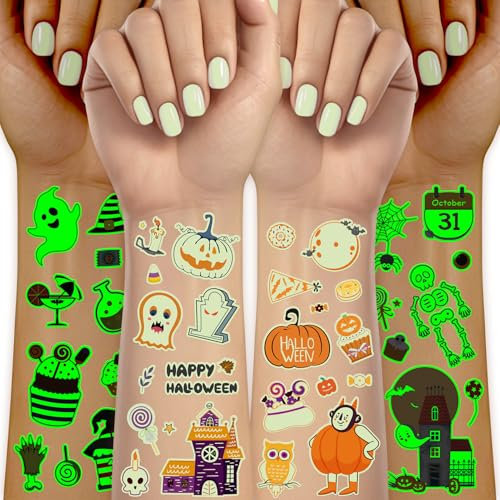 Acevegue 15 Feuilles Halloween Tatouages Enfant,195 Motifs Luminescents Tatouage Ephemere Halloween, Halloween Stickers Autocollants pour Garçon Filles Decoration Accessoires Cadeau Halloween