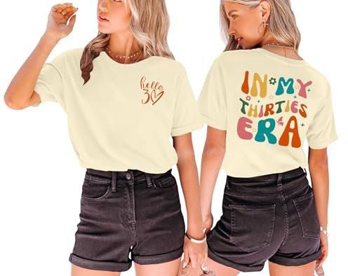 Geburtstag T-Shirts für Damen zum 30 Frauen Hello 30 Geburtstags Tshirt mit Herz-Muster (Cremefarben1,S)