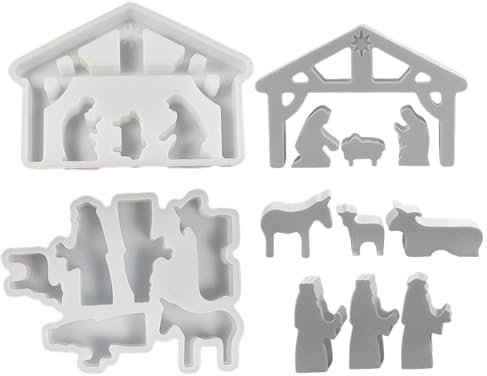 GkgWuxf Krippe Silikon Gießform, Krippe Set Giessformen zum Gießen, Silikonform Krippenfiguren, Hausförmige Krippenformen, Gipsform Weihnachten Krippe Silikonformen Tischdekorationen