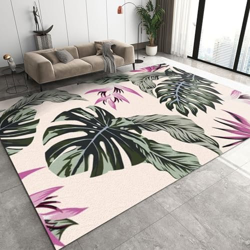 Tropical Rainforest Plants Area Rug 8x10 ft Green Purple Banana Palm Leaves Indoor Outdoor Rug Water Resistant Rug for Living Room Porch Office Family and Pets Bright Colorful Design