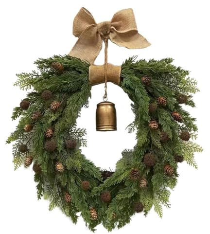 Real Touch Norfolk Pine Wreath with Vintage Bell Bow - Artificial Christmas Wreath Faux Pine Green Wreath for Front Door, Wall, Windows, Xmas Decoration