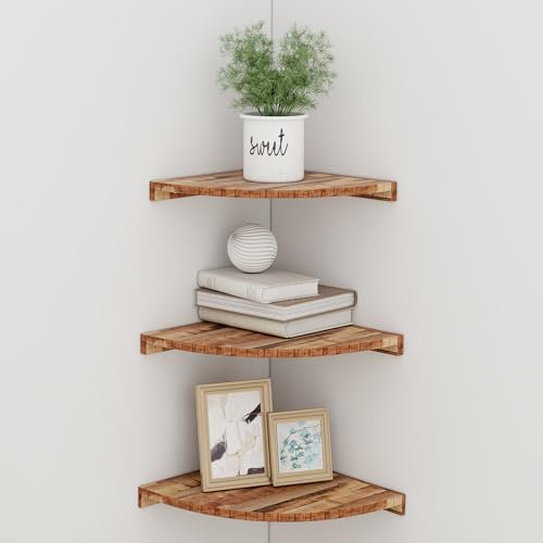Youyijia Corner Shelf Set 3-Piece Floating Wall Shelves Made Of Solid Pine Wood Floating Shelves Thickened Plate With Extra High Load Capacity For Bedroom Kitchen Living Room And Bathroom Wood Color