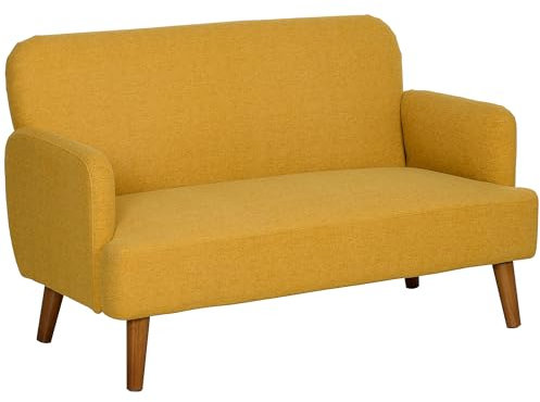 HOMCOM 2 Seater Sofa, Small Sofa Couch with 21cm Thick Padding and Wood Legs, Modern Velvet Feel Fabric Loveseat for Living Room, Bedroom, Home Office, Yellow
