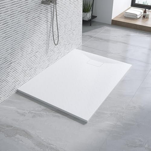 Duschwanne 120x80 cm weiß flach ebenerdig Steinoptik Anti-Rutsch Zuschneidbar ohne Siphon und Ablaufgarnitur
