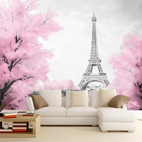 Fototapete 400x280 cm Romantisches Gemälde Eiffelturm 3D Effekt Hochwertige XXL Moderne Wanddeko Tapete, Rosa Grau Vliestapete für Wohnzimmer Schlafzimmer Büro