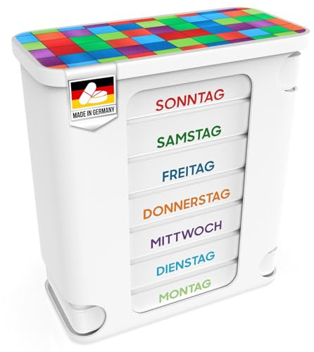 Kerpers® Tablettenbox 7 Tage | MADE IN GERMANY | Pillendose mit 4 Fächer - morgens mittags abends nachts | Medikamentenbox für Tabletten und Supplements (1 Stück Bunt)