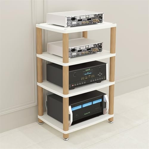 4-lagige professionelle Stereo-Racks und -Ständer, 35 Zoll hohes, bodenstehendes Audio-Rack, AV-Tower, Medienständer/Regal für elektronische Geräte, Verstärkerregal, Schwarz, Teak, Holz, Weiß (Weiß)