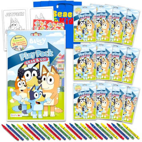 Bluey Party Favors Activity Pack Bundle - 12 Goodie Bags Stuffers | Play Pack Party Favor Coloring Books, Stickers, Crayons for Kids, Boys, Girls - Bulk Bluey, Bingo Birthday Party Supplies