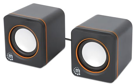 Manhattan 102698 Paire d'enceintes stéréo 2.0 pour PC ou Ordinateur Portable, entrée USB et Alimentation, Plug & Play, Noir/Orange