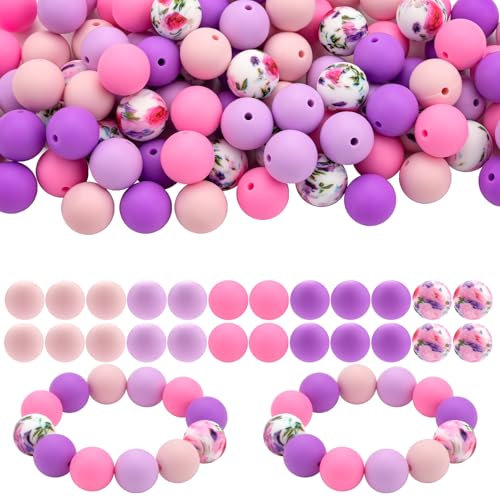 Bouiexye 100 Pcs 15mm Silicone Beads for Bracelet Making, Pink Purple Silicone Beads Bulk Round Bead for Keychain Making DIY Crafts Bracelet Beadable Pens Decorative Supplies