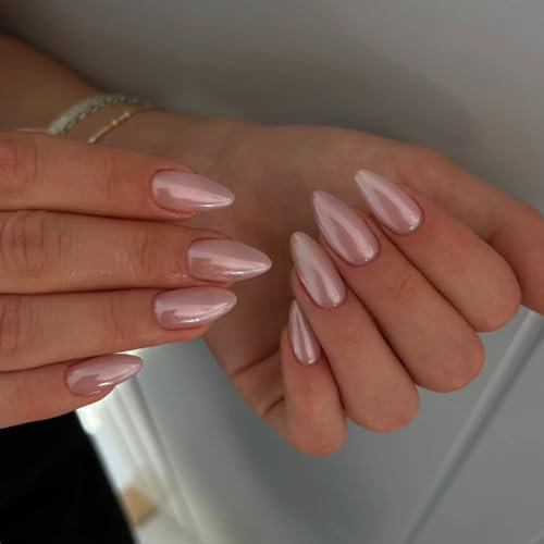 KQueenest Chrome Press On Nails - Glitzer Rosa Nägel zum Aufkleben Mandel, Sparkle Bling Fake Nails Künstliche Fingernägel zum aufkleben Mittel, Glasiert Acryl Nägel für Frauen, 24 Stück