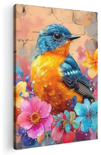 MuchoWow© Bild auf Leinwand Schlafzimmer Bilder Badezimmer Wand Deko | 40x60 cm - Wohnzimmer Modern Wanddeko Bilderwand Geschenk Graffiti - Vogel - Blumen - Straßenkunst