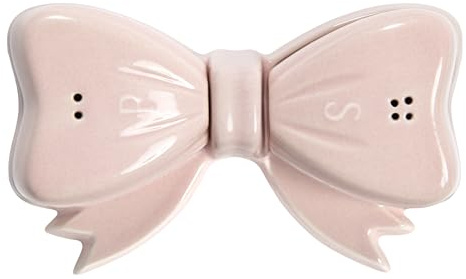 Paris Hilton 3-Piece Bow Shaped Salt and Pepper Shaker Set, Iconic Ceramic Stoneware with Matching Tray, Pink