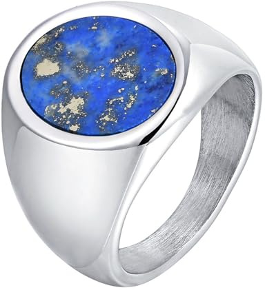 Calefee Verlobungsring Herren Schlicht, Männer Ringe Edelstahl Eheringe Siegelring Breit 17 mm Runde Form mit Lapislazuli, Größe 57