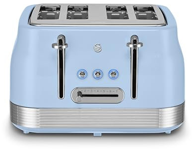 Swan ST19029BLU Retro 4 Slice Toaster, 7 Browning Levels, Removable Crumb Trays, Defrost, Reheat and Cancel Functions, Hidden Cord Storage, Non-Slip Feet, 1860W, Blue