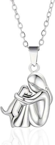 MYGLOAR Halskette, Mädchen und Hund Umarmungskette, 925 Sterling Silber Tier Halskette Anhänger, Geschenk für Mädchen, Tochter, Mutter, Freunde (Silber 1)