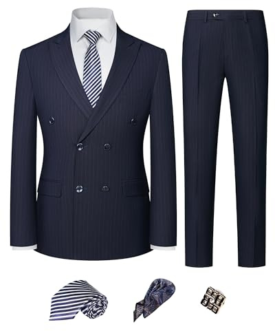 Men's Double Breasted Slim Fit Wedding Suit, 2-Piece Peak Lapel Stretch Washable Formalwear Groom Business Suit