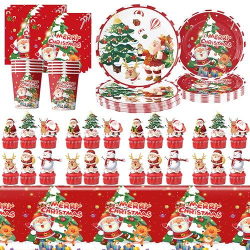 75 Pièces Vaisselle de Noel,Noël Decoration de fête Set,Assiettes en Carton de noëls,Père noël rouge Elk Assiette en papier de Noël,pour Décorations de fêtes (10 Invités)