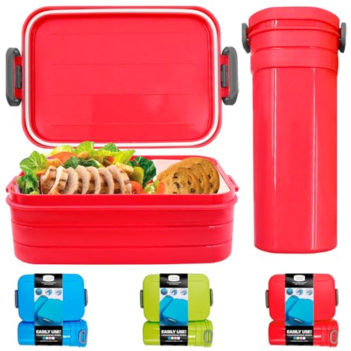 Juego de 2 Piezas de Fiambrera y Botella de Agua Ennoxwi, Bento Box con Compartimentos, Fiambrera Antifugas para Trabajo, Estudio y Ocio, Colores Sorpresa Azul, Verde o Rojo al Azar