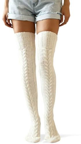 YAUOIPI 1 Pair Winter Cable Knit Over Knee Socks, Womens Girls Over the Knee Thigh High Long Boot Socks, Fluffy, Solid Color, Stocking Leg Warmer, for Winter Gifts Fashion (White)