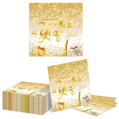 Kotkiddy 40 Stück Silvester Servietten 33x33 cm Gold Feuerwerk Party Servietten Jahreswechsel Tischdeko Neujahr Dekoration “Happy New Year ”