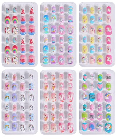 144 unidades de uñas adhesivas para niños, 6 paquetes de uñas adhesivas para niños, uñas prefabricadas para niñas, adolescentes, amigos para fiestas, vacaciones, DIY (Colores variados)