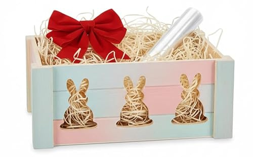 Osterkorb Holz Set inkl. Folie & Schleife – Großes Osternest zum Befüllen – Holzbox Pastell mit Hasen-Motiv – Geschenkkorb leer für Kinder & Erwachsene – Frühlingsdeko Holzkiste 30x20x12cm