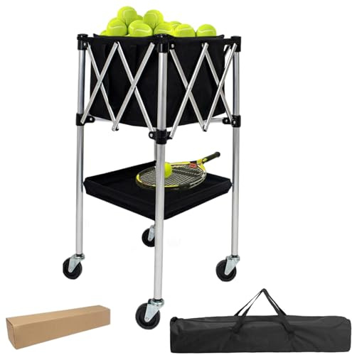 Kensbro Tennisballwagen, klappbar ballkorb Tennis mit 360° Sicherheitsrädern und Tragetasche, Erwachsene Tennisball Korb Mit Lagerregal, ballwagen für Verein & Training Hält 200 Tennisbälle