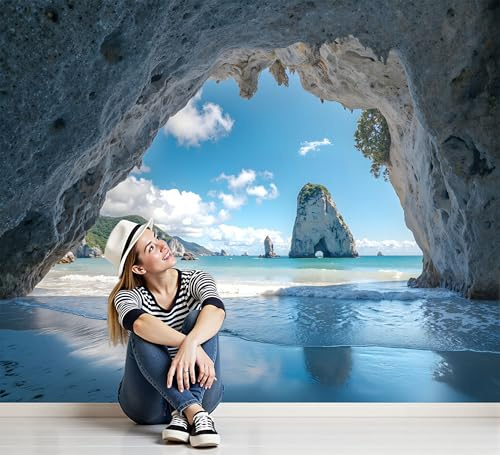 Fototapete Strand Außerhalb Höhle Tapete Natürliche Felsige Gipfel Tapeten Vliestapete Modern Wandtapete Wohnzimmer Schlafzimmer Blau XL Wanddeko Motivtapeten 300×210cm(B×H)