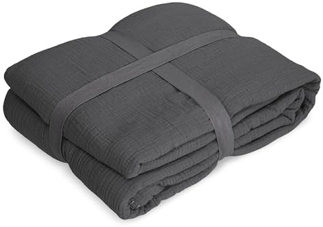 Musselin Decke 130x180 cm – Kuschelige Wohndecke mit weicher Fleece-Rückseite – 100% Baumwolle Vorderseite – Atmungsaktiv & Warm – Ideal als Sofadecke & Tagesdecke (anthrazit)