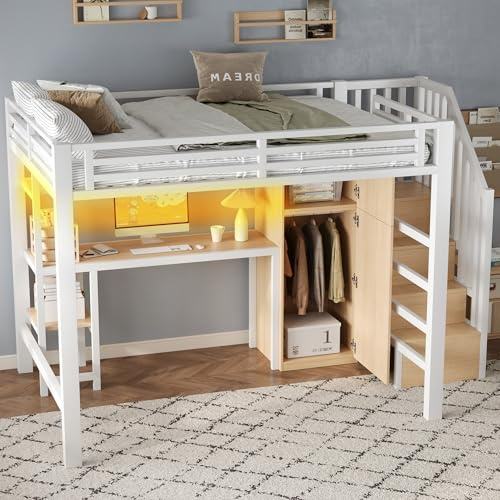 Xwiny Kinderbett 140x200 cm mit LED-Beleuchtung und Schreibtisch, Hochbett mit Treppe Stauraum und Großer Kleiderschrank, Regal, Metallrahmen, Weiß-B(Ohne Matratze)