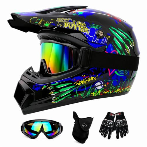 Motocross Helm Kinder, Downhill Motorradhelm für Herren und Damen, Fullface Crosshelm Komplettset mit Handschuhe Maske Brille Inklusive 2 Größen Helmfutter