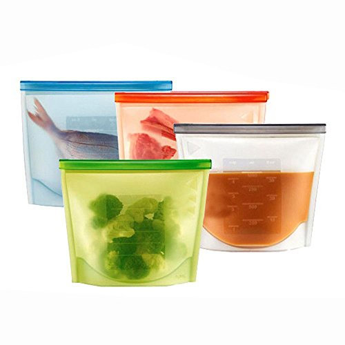 OFKPO 4 pcs Sac de Alimentaire,Sac de Conservation Nourriture en Silicone, Multifonction Sac de Rangement pour Nourriture pour Fruits Légumes et Viande, Ustensile de Cuisine