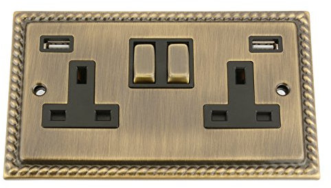 A5 Products ANTIQUE BRASS GEORGIAN USB Socket 2 Gang Black Insert Metal Rocker Switch (3100mA)