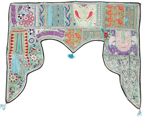 GURU SHOP Orientalischer Wandbehang, Indischer Türbehang, Wimpel Wandteppich, Wanddekoration, Tür Deko Einzelstück 100x80 cm - Design 13, Türkis, Baumwolle, Wandtaschen & Wandbehänge