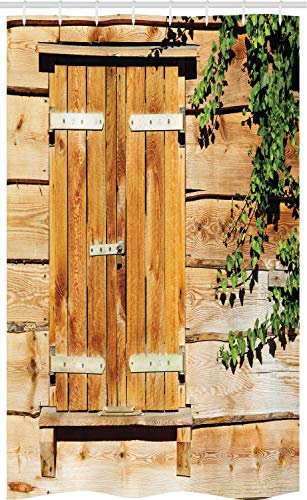 ABAKUHAUS Rustikal Schmaler Duschvorhang, Land Fensterläden, Badezimmer Deko Set aus Stoff mit Haken, 120 x 180 cm, Beige Grün