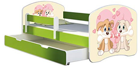 ACMA Kinderbett Jugendbett mit Einer Schublade und Matratze Grün mit Rausfallschutz Lattenrost II 140x70 160x80 180x80 (12 Welpen, 180x80 + Bettkasten)