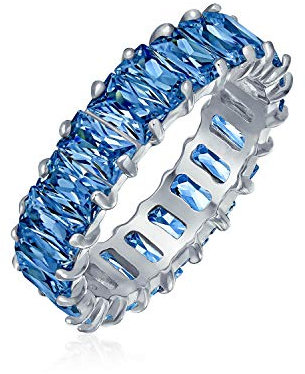 Style Art Déco AAA CZ Émeraude Coupe Saphir Bleu Simulé Zircon Cubique Bague Éternité Baguette Anniversaire Mariage Pour Femme en Argent Sterling .925 4MM