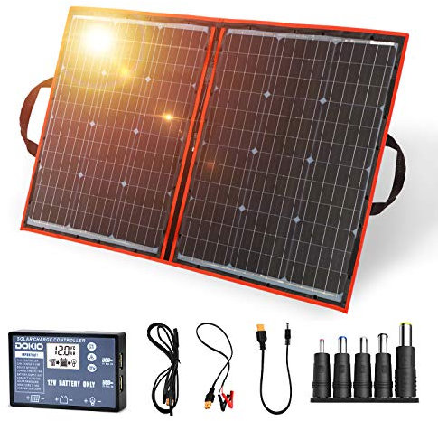 DOKIO Sac solaire pliable 100W Panneau solaire mobile avec cellules monocristallines les plus efficaces régulateur de charge solaire (2 ports USB) facile à transporter Fonctionne avec piles 12V